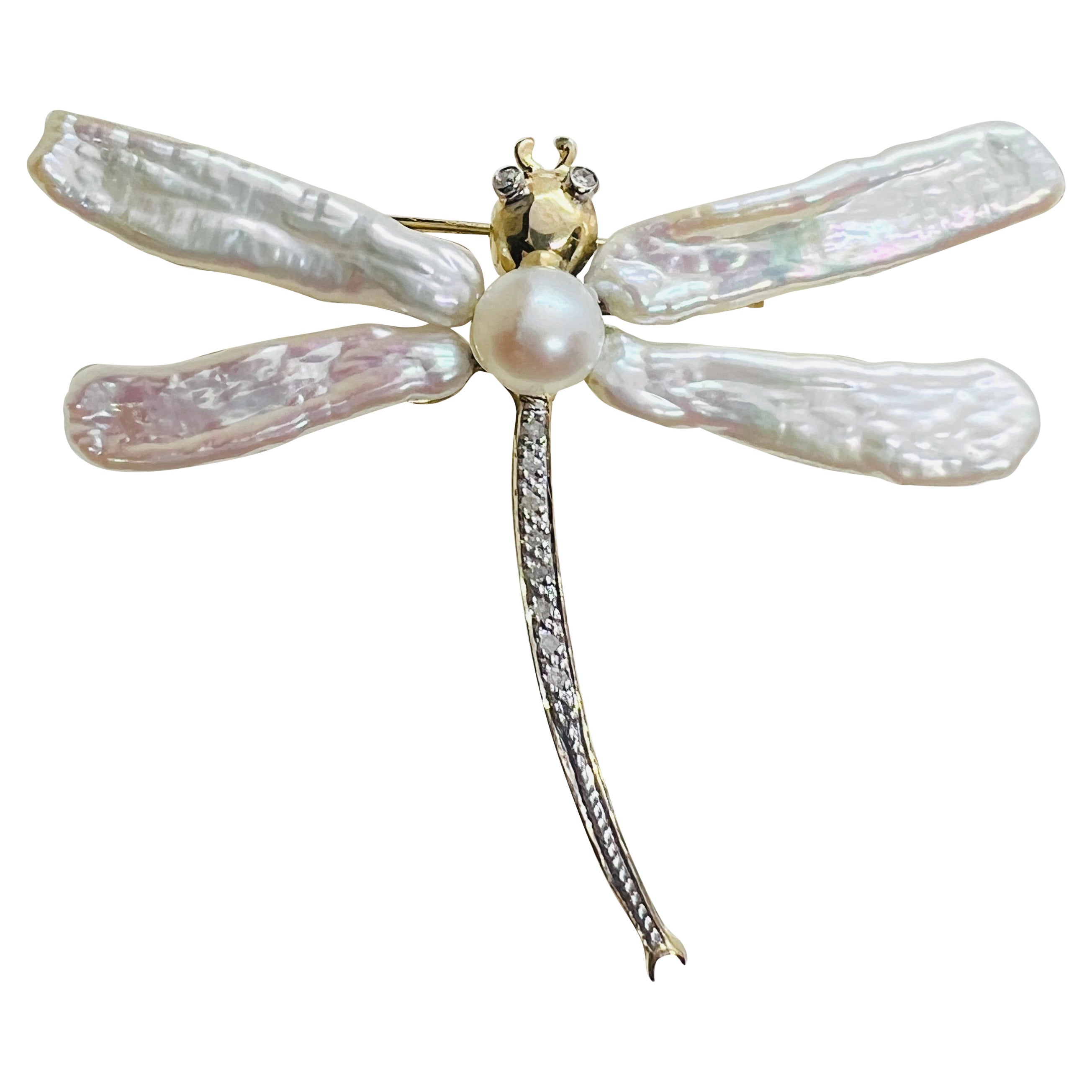 14K yellow Gold Biwa Pearl & Diamond Dragonfly Brooch
