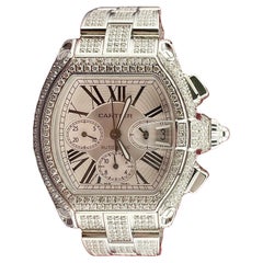 Used Cartier Roadster XL Men's Watch Silver Dial 43mm Iced Out 12ct Diamonds Ref 2618