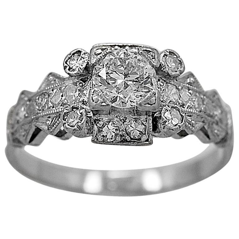 Art Deco .45 Carat Diamond Platinum Antique Engagement Ring For Sale