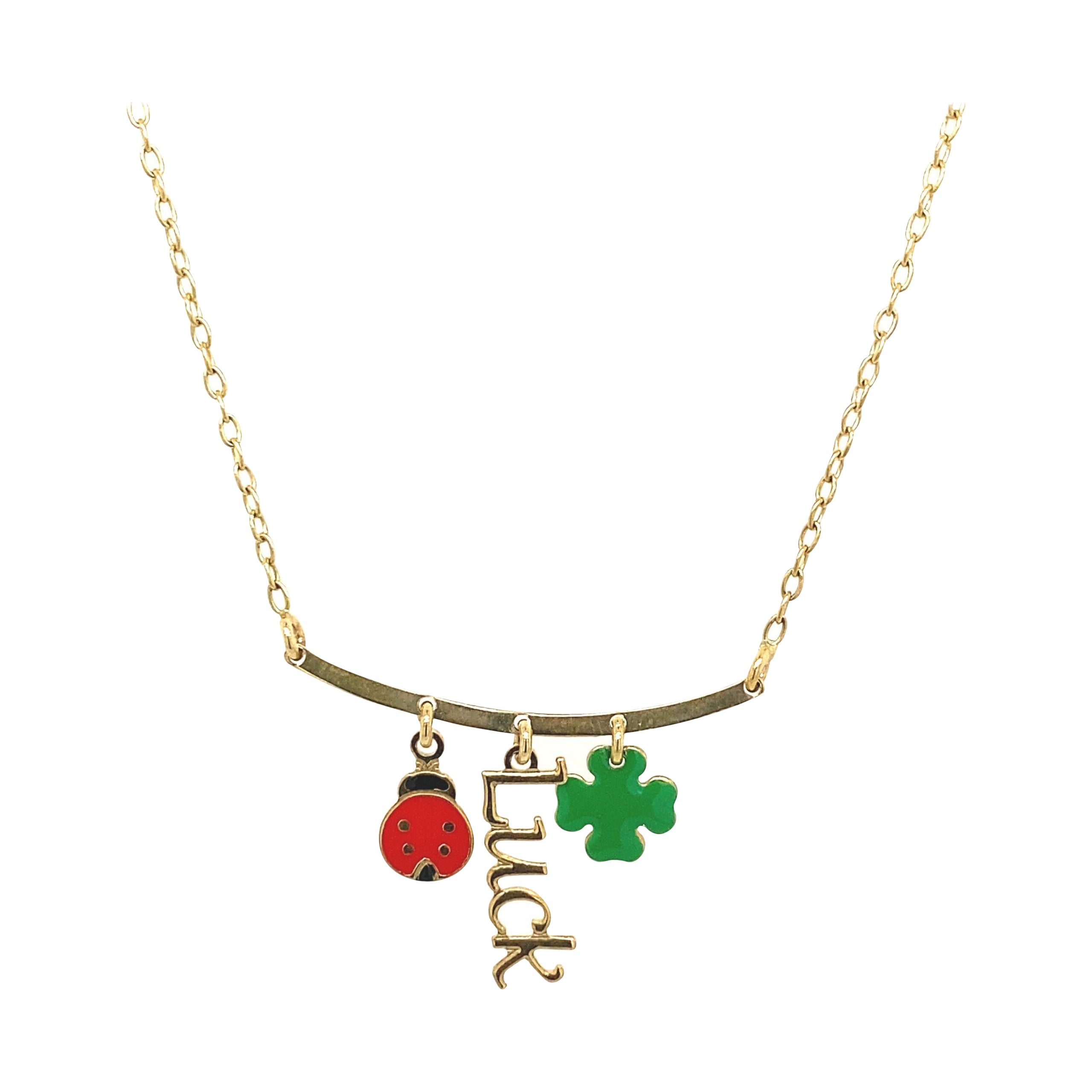Luck Yellow Gold Enamelled Clover, Ladybird & Luck on Chain in 18ct Good For Sale