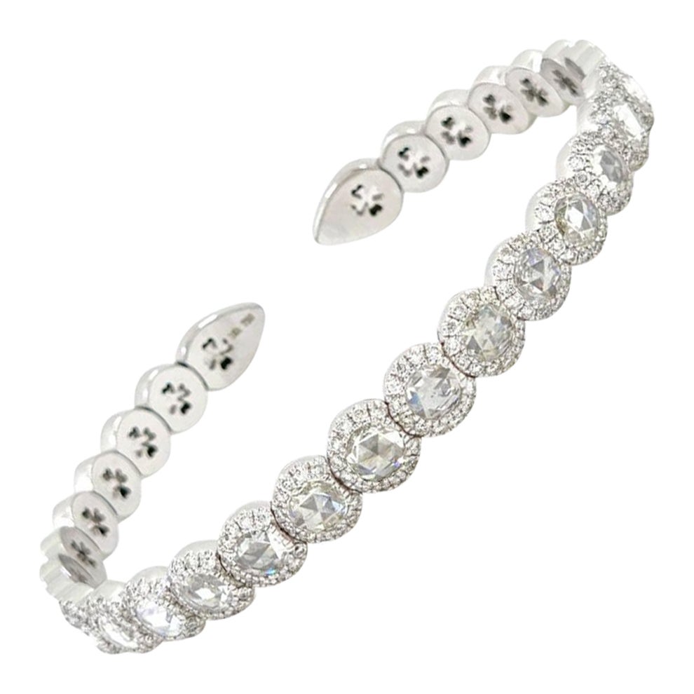 1.83 Carat Rose Cut Diamond Open Cuff Bangle Bracelet in 18 Karat White Gold For Sale