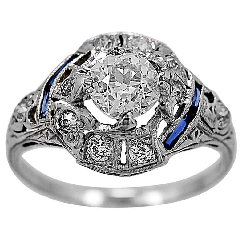 Art Deco .82 Carat Diamond Platinum Engagement Ring  For Sale
