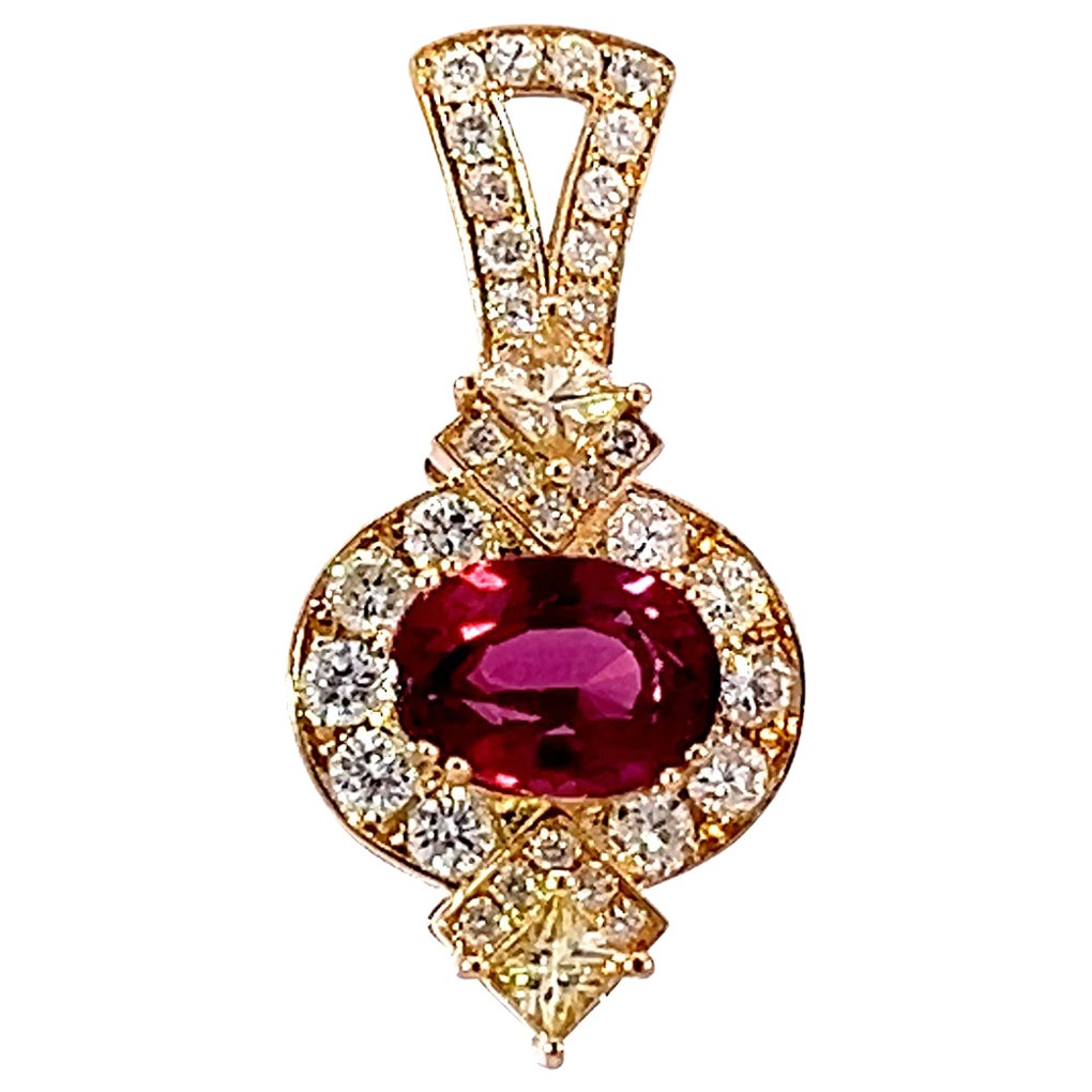 Limited Classic 14k Gold w/ 1.5 ct reddish burgundy spinel .62ct Diamond Pendant For Sale