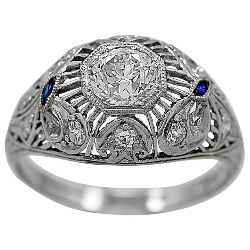 Belle Epoque - Edwardian .70 Carat Diamond Sapphire Platinum Engagement Ring  For Sale