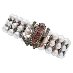 Vintage Pearls, Garnets, Rubies, Diamonds, Rose Gold and Silver Frog Bracelet
