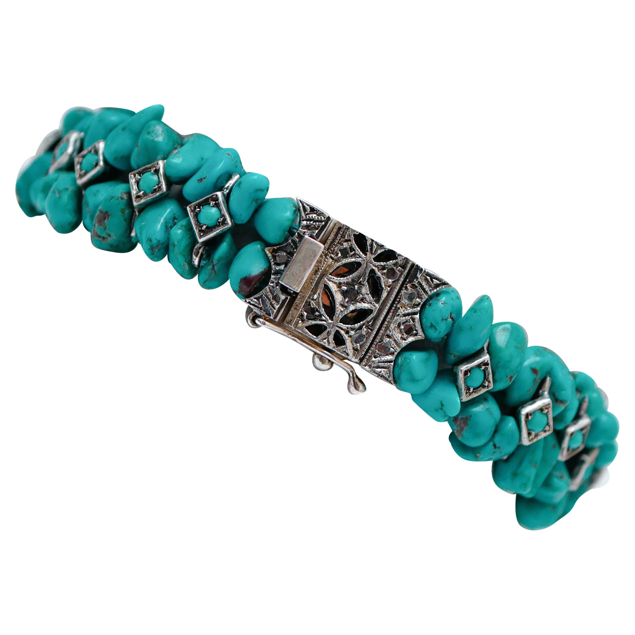 Diamonds, Turquoise, Rose Gold and Silver Bracelet For Sale