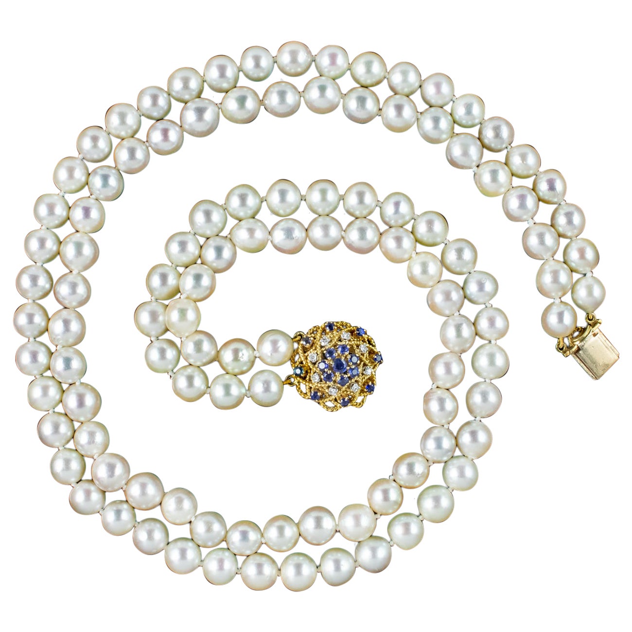 Vintage Double Strand Pearl Necklace Sapphire Diamond Clasp For Sale