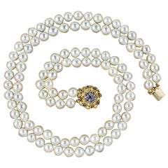 Retro Double Strand Pearl Necklace Sapphire Diamond Clasp