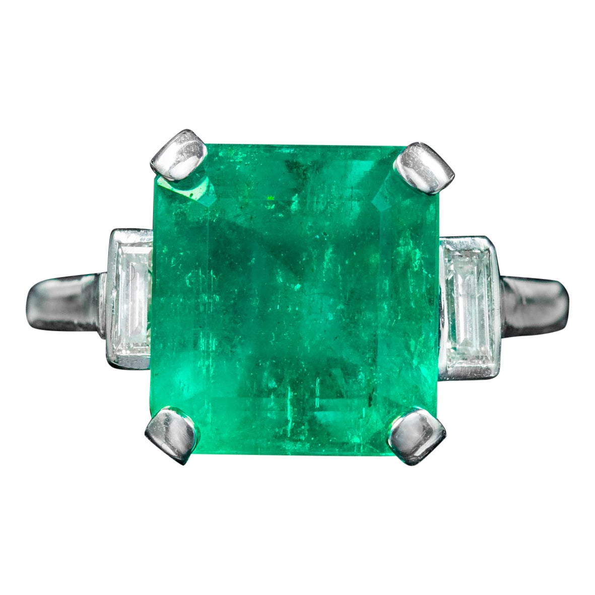 Art Deco Emerald Diamond Trilogy Ring 7.24ct Colombian Emerald With Cert For Sale