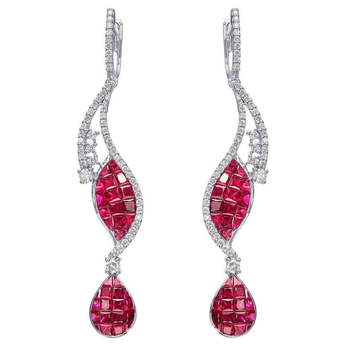 NO RESERVE!  -  5.12cttw Ruby & 0.84Ct Diamonds - 18 kt. White Gold Earrings For Sale