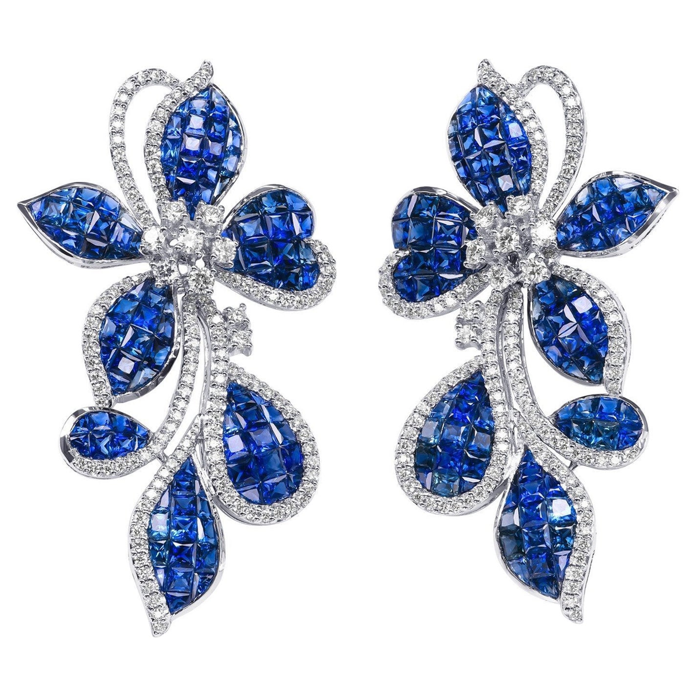NO RESERVE! AAA 15.94cttw Blue Sapphire & 0.82 Diamonds 18K White Gold Earrings 