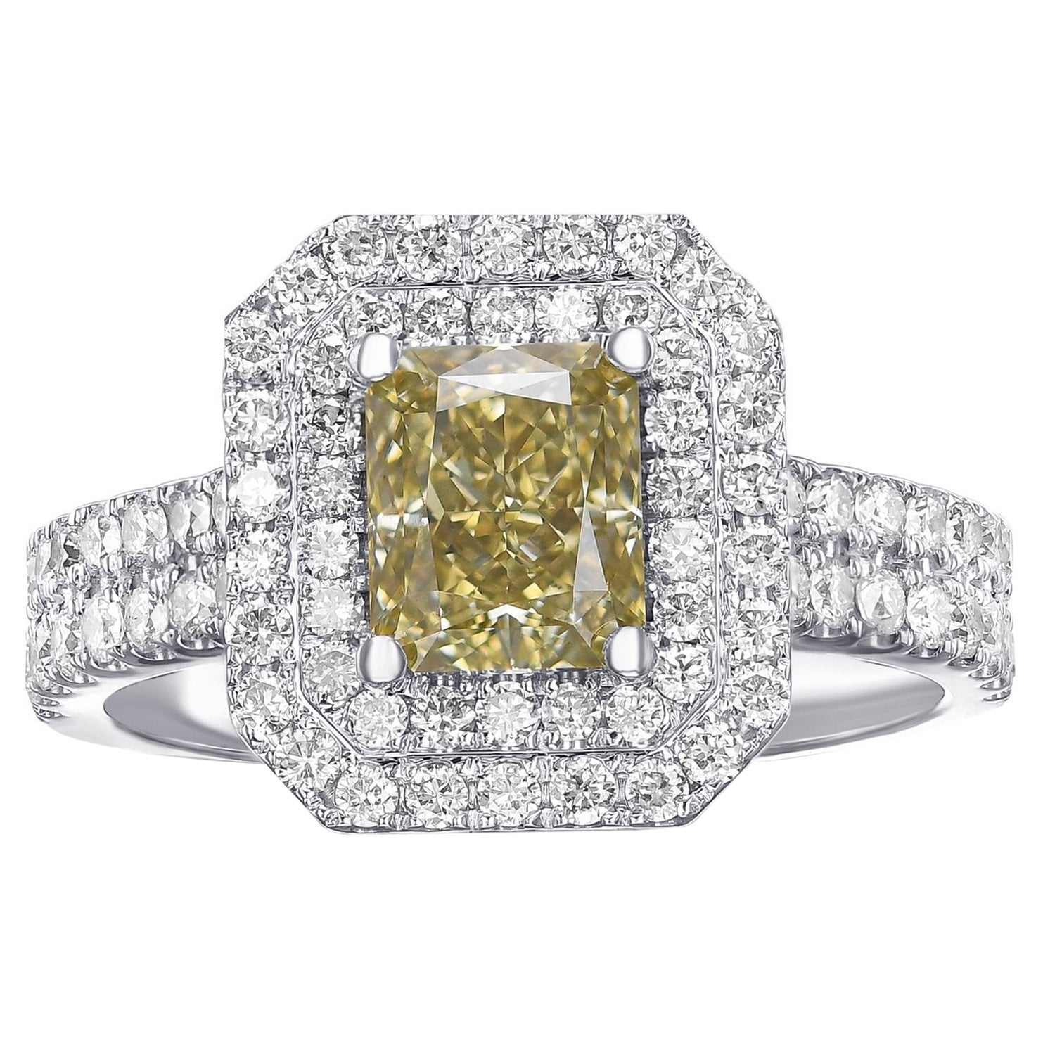 NO RESERVE!  -  VVS1 2.00 Carat Fancy Diamond Double Halo 18K White Gold Ring For Sale