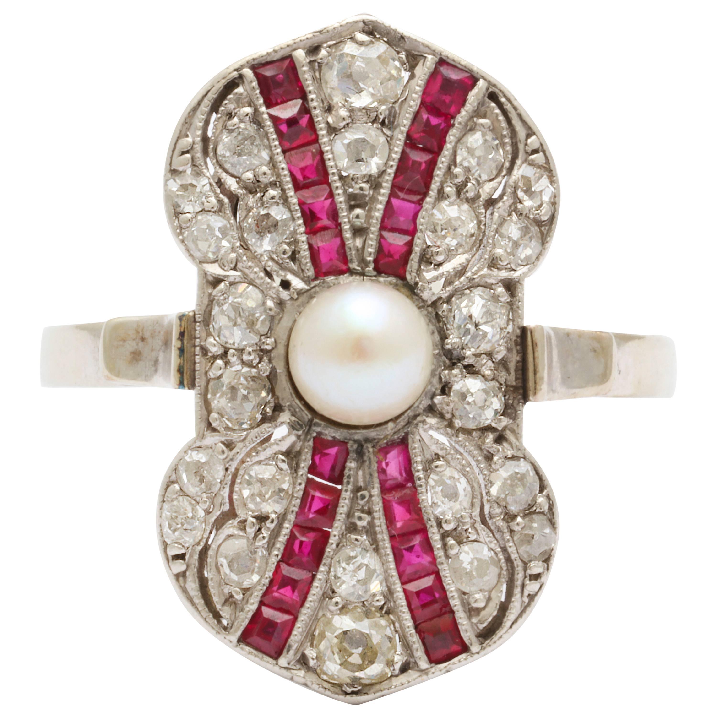 Art Deco Ruby Diamond Pearl Ring
