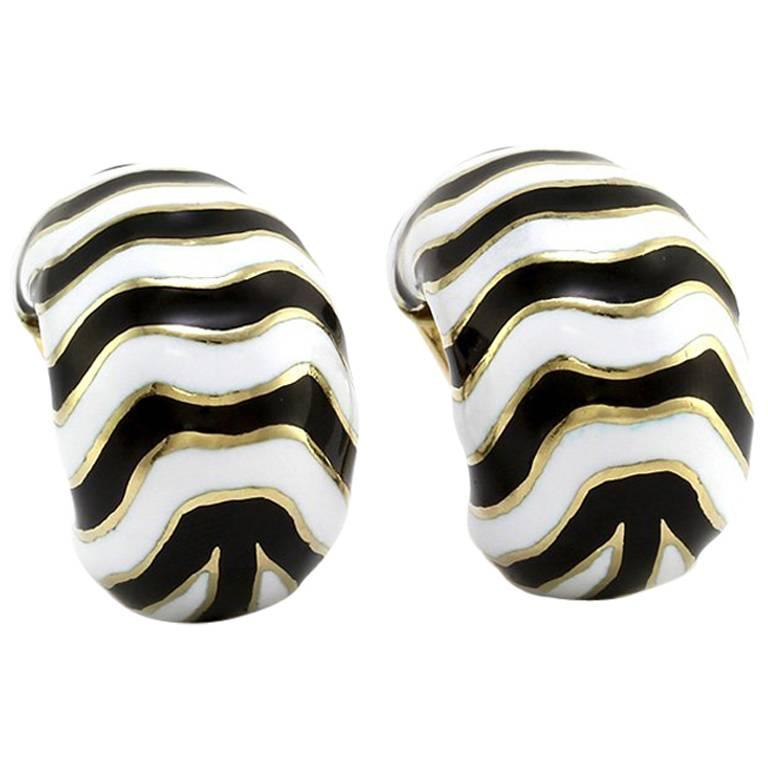 David Webb Kingdom Collection Enamel Gold Zebra Earrings For Sale