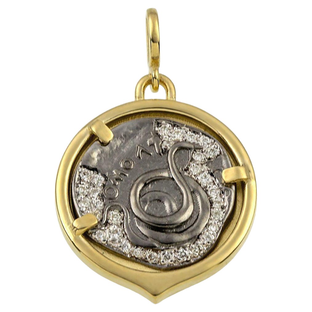 Serpent Coin Pendant in Golden Case in Diamonds For Sale