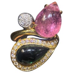 Retro Bulgari 1980s 18 carat gold, diamond and green and pink tourmaline cocktail ring