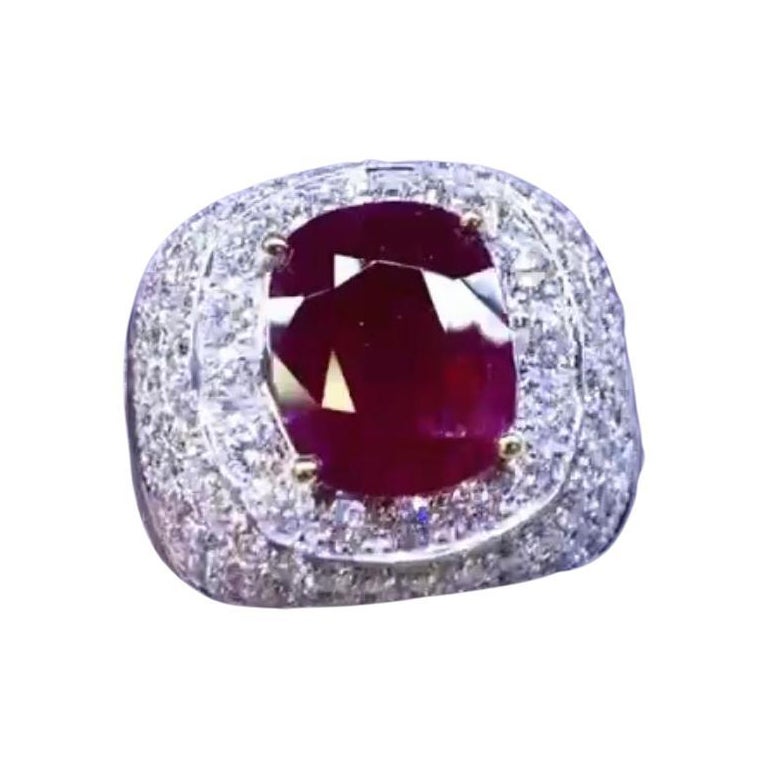 AIG Certified 3.65  Carats Ruby  3.28 Ct Diamonds 18K Gold Ring  For Sale