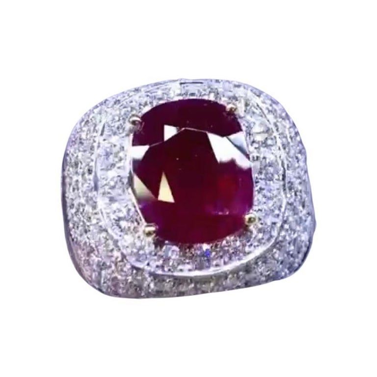 Certifié AIG 3,65  Carats Rubis  Bague en or 18K avec 3,28 ct de diamants 