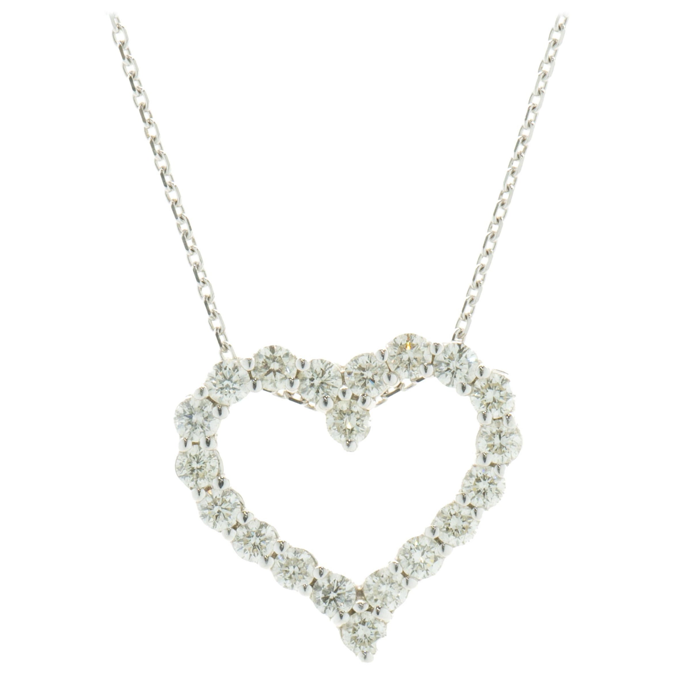 14 Karat White Gold Diamond Open Heart Necklace For Sale