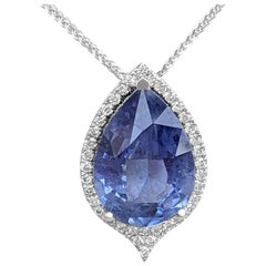 NO RESERVE!  -  7.07ct Sapphire & 0.30Cttw Diamonds - 14K White Gold Pendant