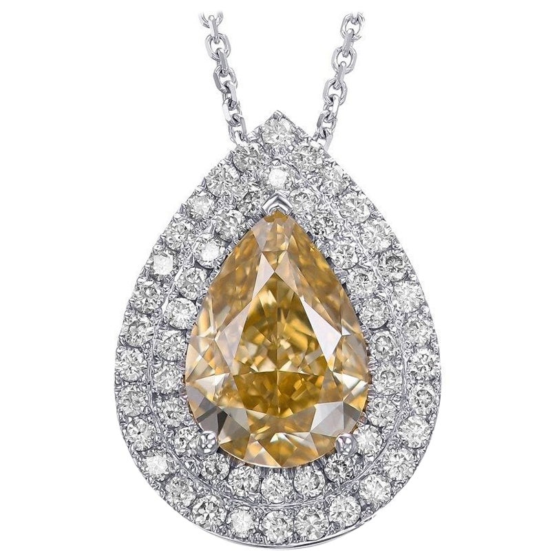 NO RESERVE!  -  3.01cttw Fancy Pear Diamonds Halo - 18K White Gold Pendant  For Sale