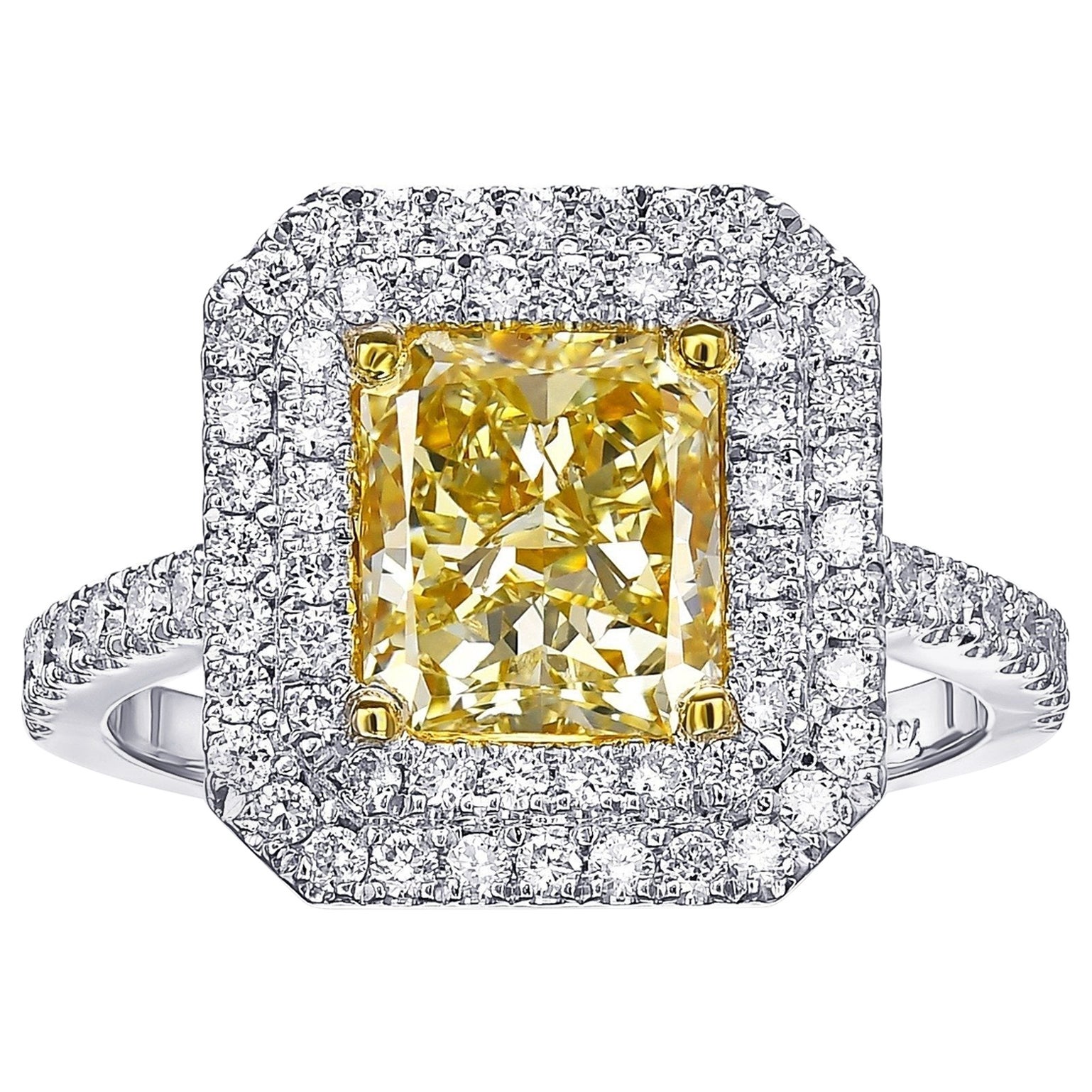 PAS DE RÉSERVE !  2.71 Cttw Fancy Yellow Diamonds Halo - Bague en or 18K  en vente