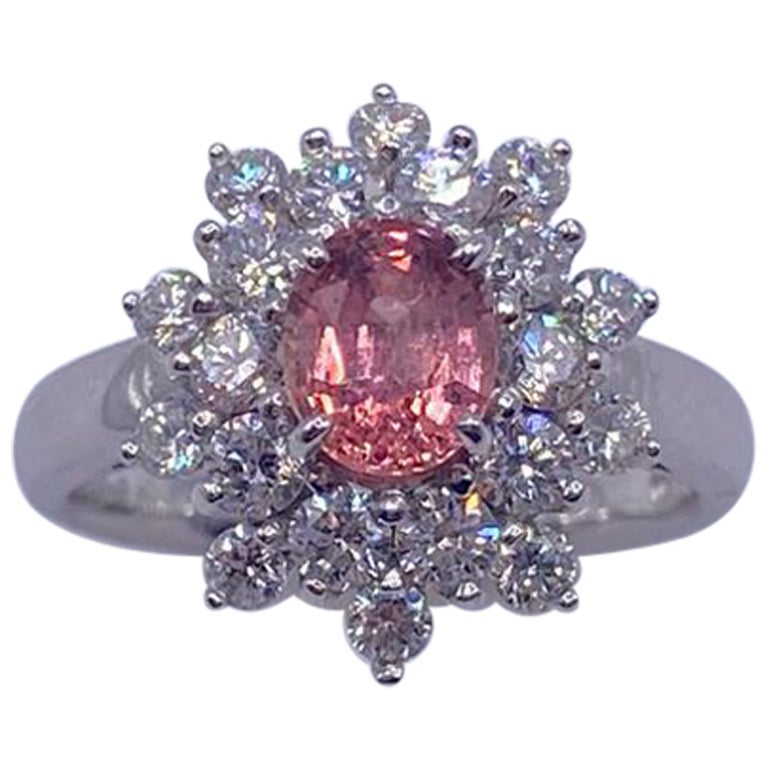 Classic & Elegant Bochic Platinum Cluster Diamond &  Padparadscha Sapphire Ring  For Sale