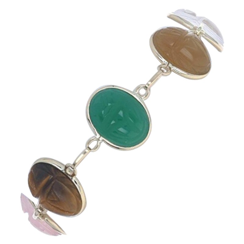 Yellow Gold Emerald Rose Quartz Tiger's Eye Link Bracelet 7" -14k Scarab Beetles For Sale