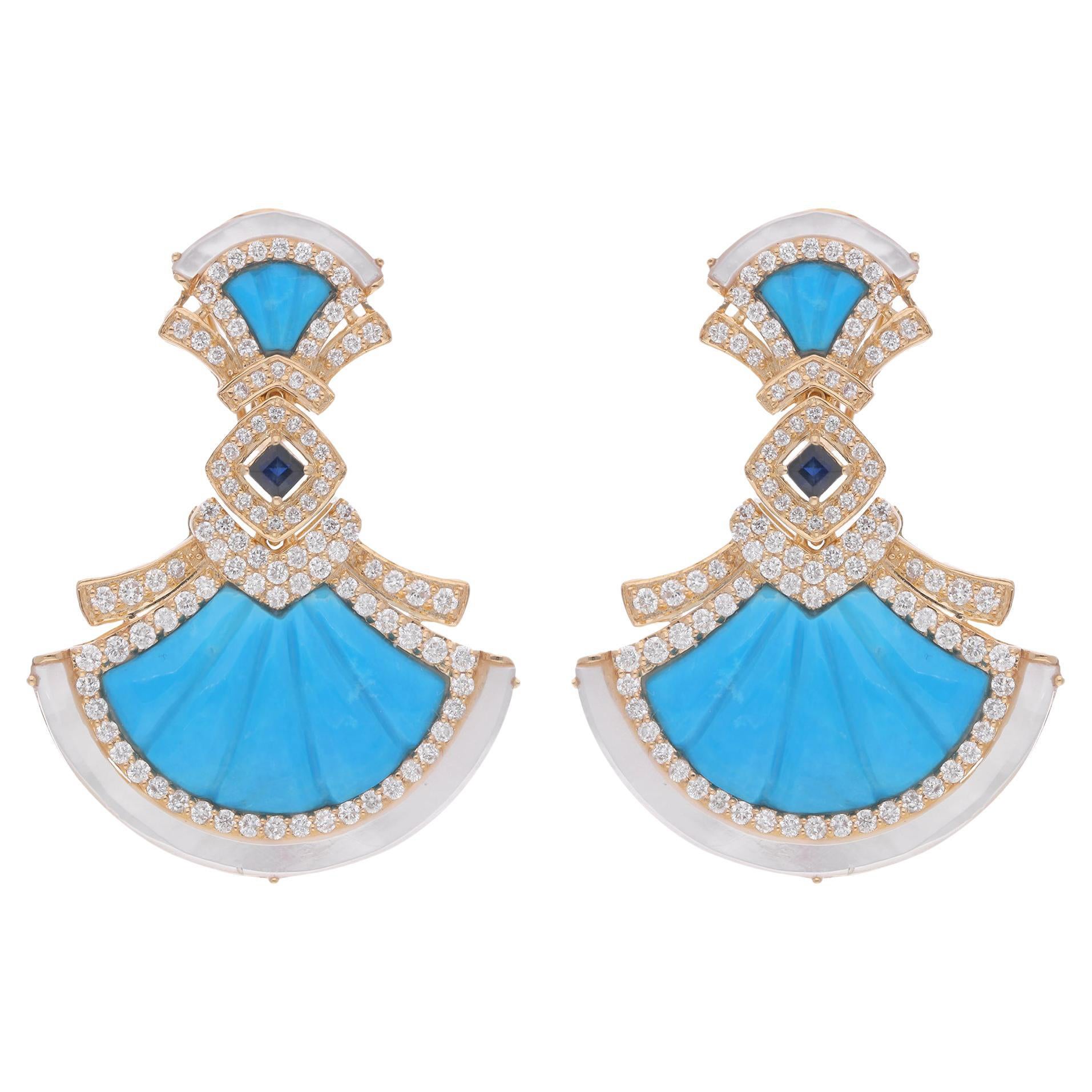 Mother Of Pear Turquoise Dangle Earrings Diamond 14 Karat Yellow Gold Jewelry