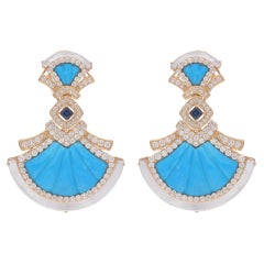 Mother Of Pear Turquoise Dangle Earrings Diamond 14 Karat Yellow Gold Jewelry