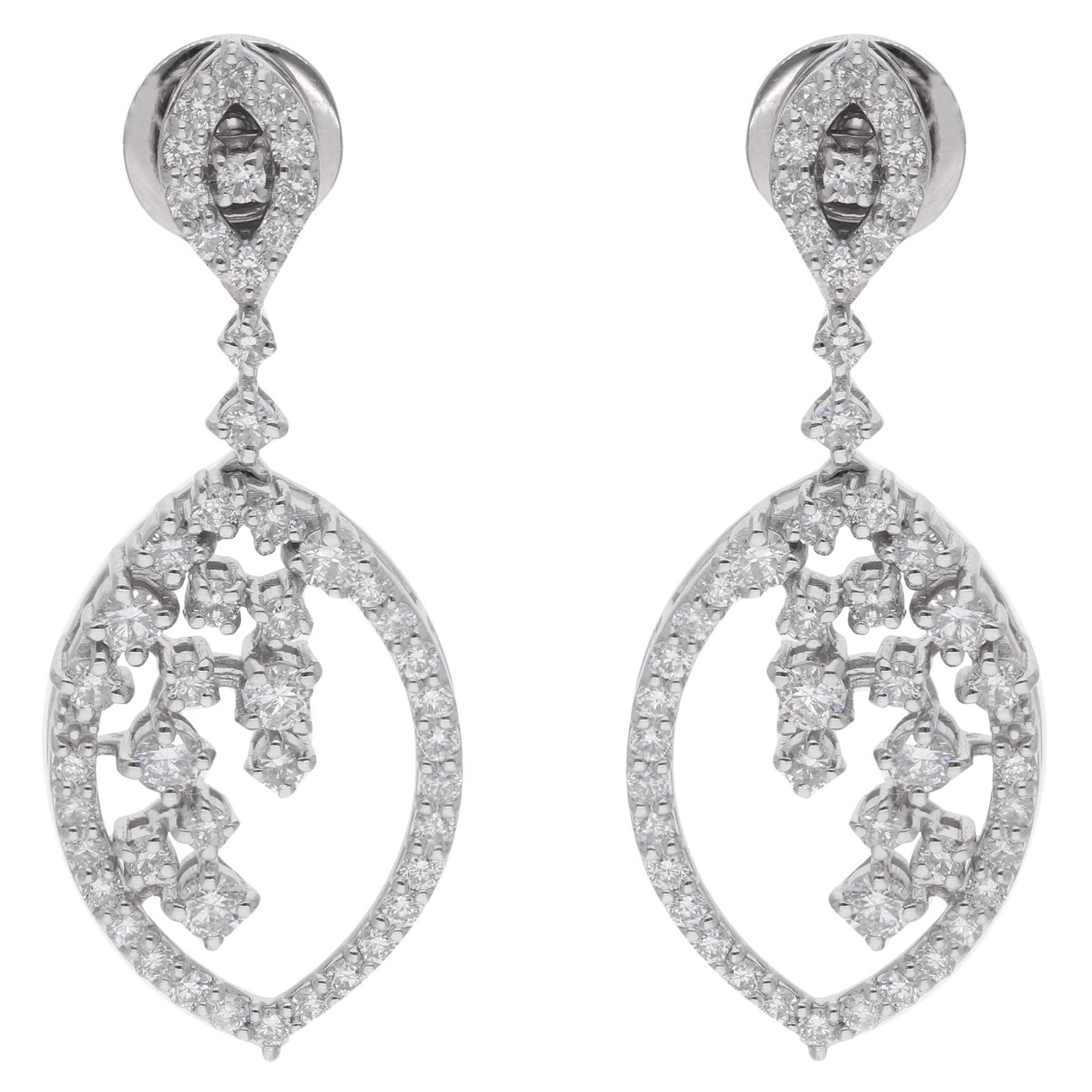 Natural 1.60 Carat Round Diamond Dangle Earrings 14 Karat White Gold Jewelry For Sale