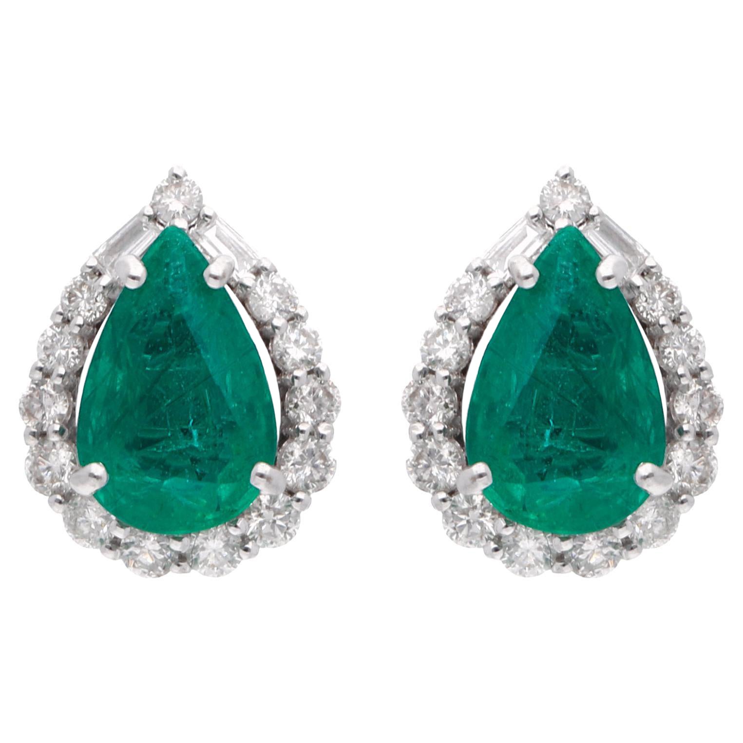 Pear Zambian Emerald Gemstone Stud Earrings Baguette Diamond 14 Karat White Gold For Sale