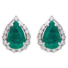 Pear Zambian Emerald Gemstone Stud Earrings Baguette Diamond 14 Karat White Gold