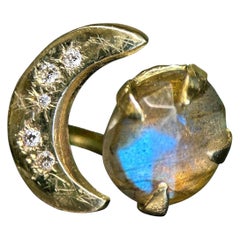 Starry Night Moon Crescent Ring with Diamonds and a Labradorite in Gold in stock