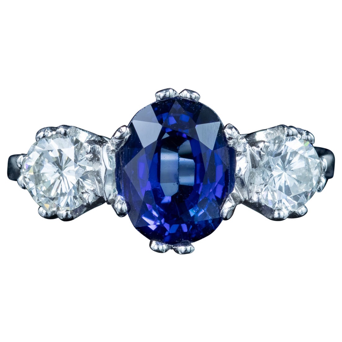 Edwardian Style Sapphire Diamond Trilogy Ring 2ct Sapphire For Sale
