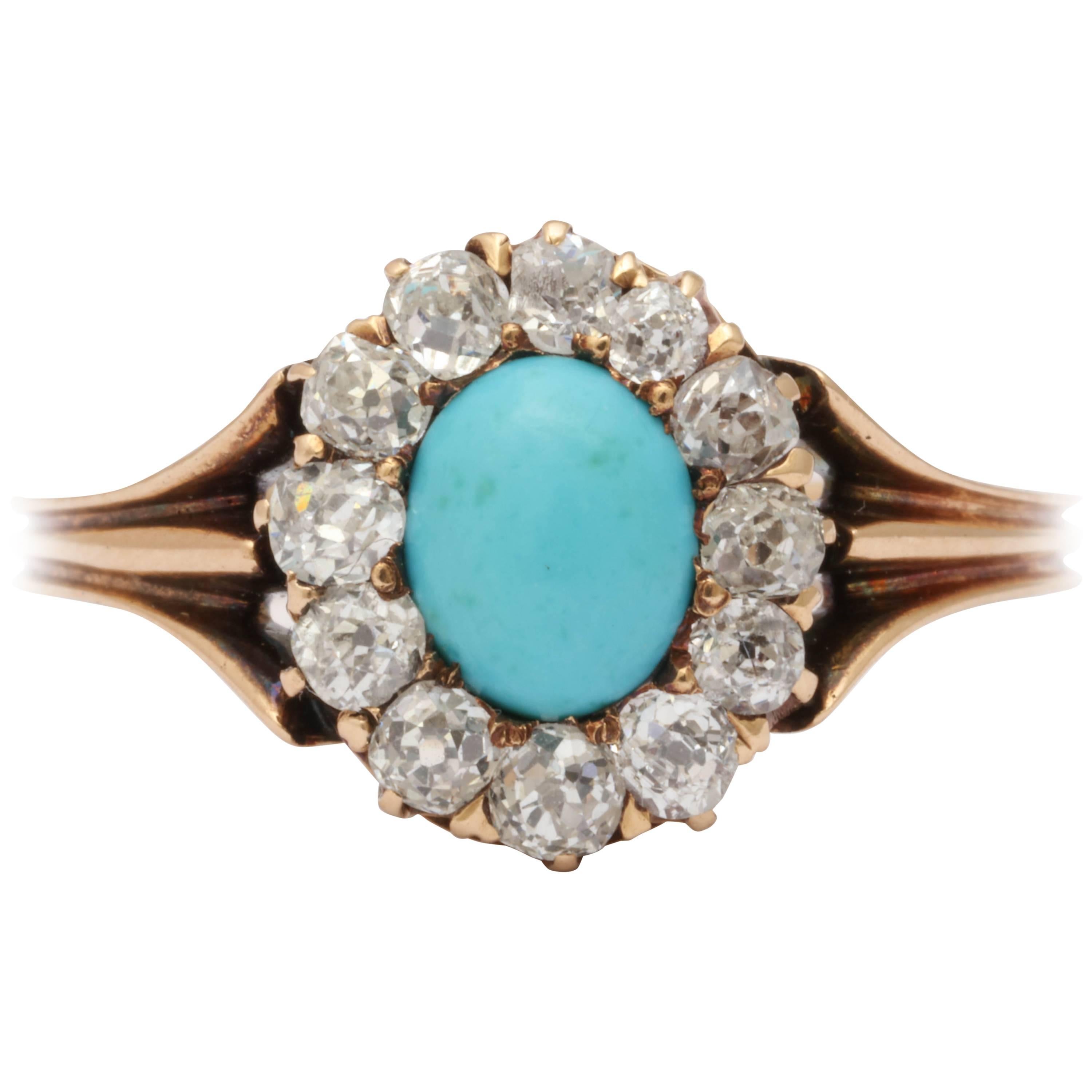 Persian Turquoise and Old Mine Cut Cluster Ring