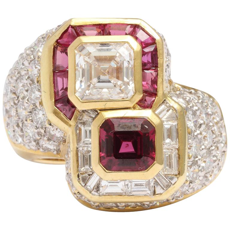 Ruby and Diamond Cross-over Ring For Sale at 1stdibs