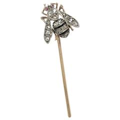 Antique Gold Silver Diamond and Enamel Stick Pin Bee Brooch