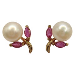 Vintage Marquise Cut Rubies & Pearl Earrings in 14K Yellow Gold