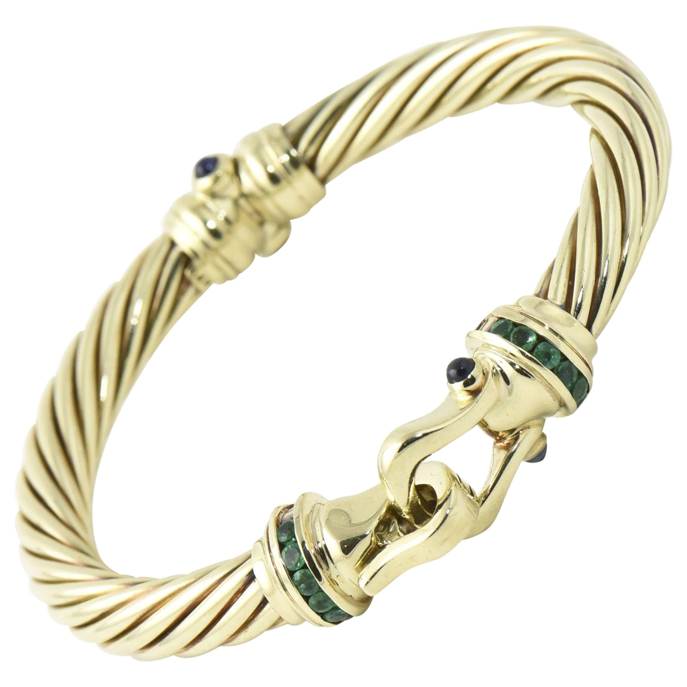 David Yurman Cable Classic Buckle Bracelet with Emerald and Sapphire Gold Bangle