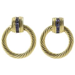 David Yurman Sapphire and Gold Cable Door Knocker Earrings with Detachable Hoops