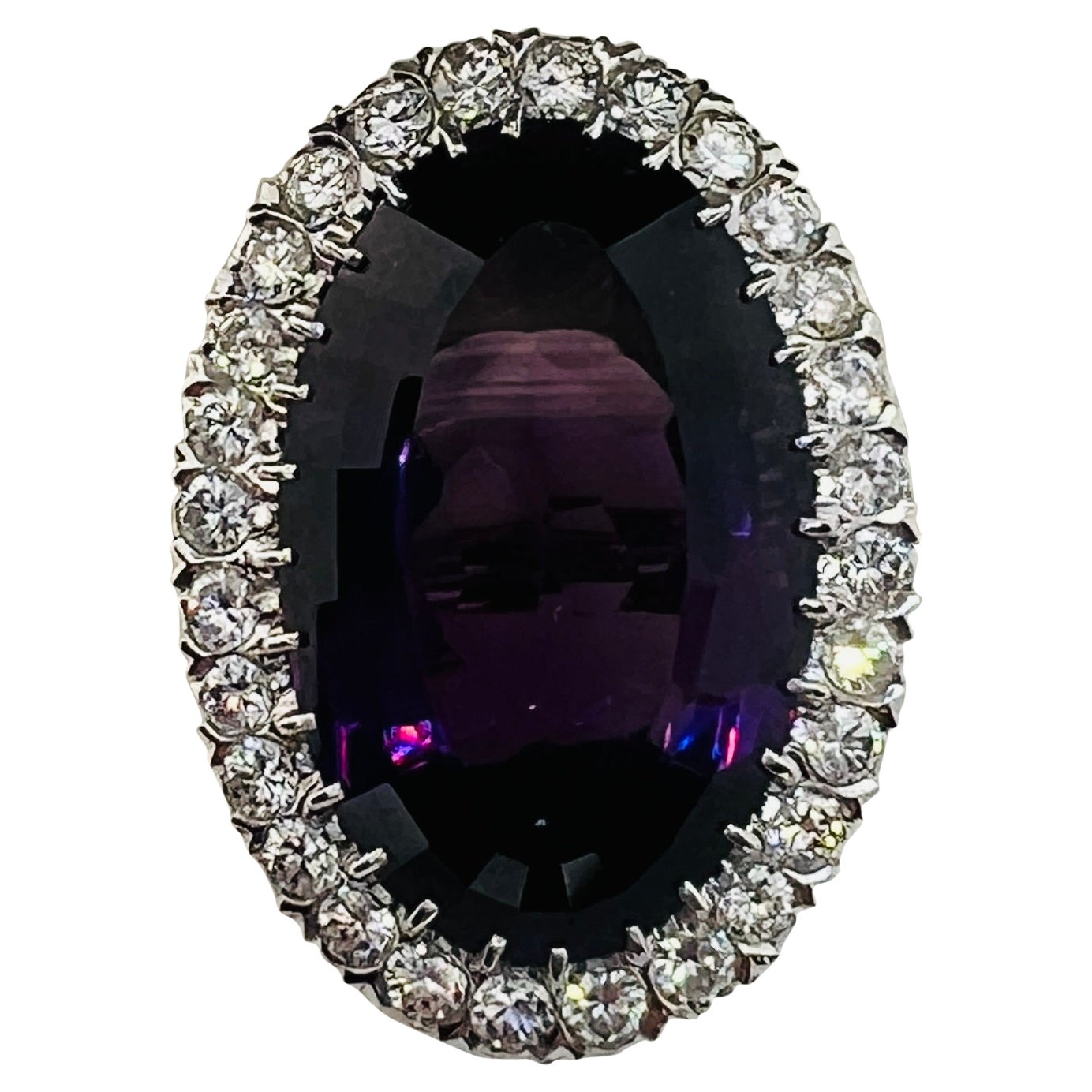 Platinum, Diamond and 40 Carat Oval Amethyst Ladies Cocktail Ring Size 5.75 For Sale