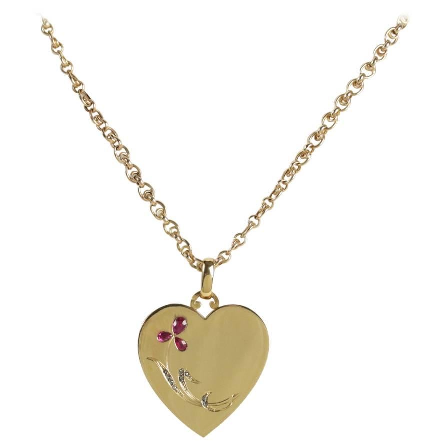 19th Century French Gold Ruby Diamond Heart Locket Pendant For Sale