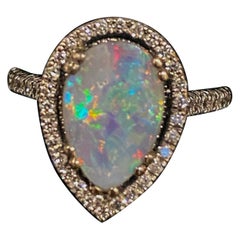 Vintage 2.50ct Pear Cut Australian Boulder Opal & Diamond (1.50ct) 18K White Gold Ring