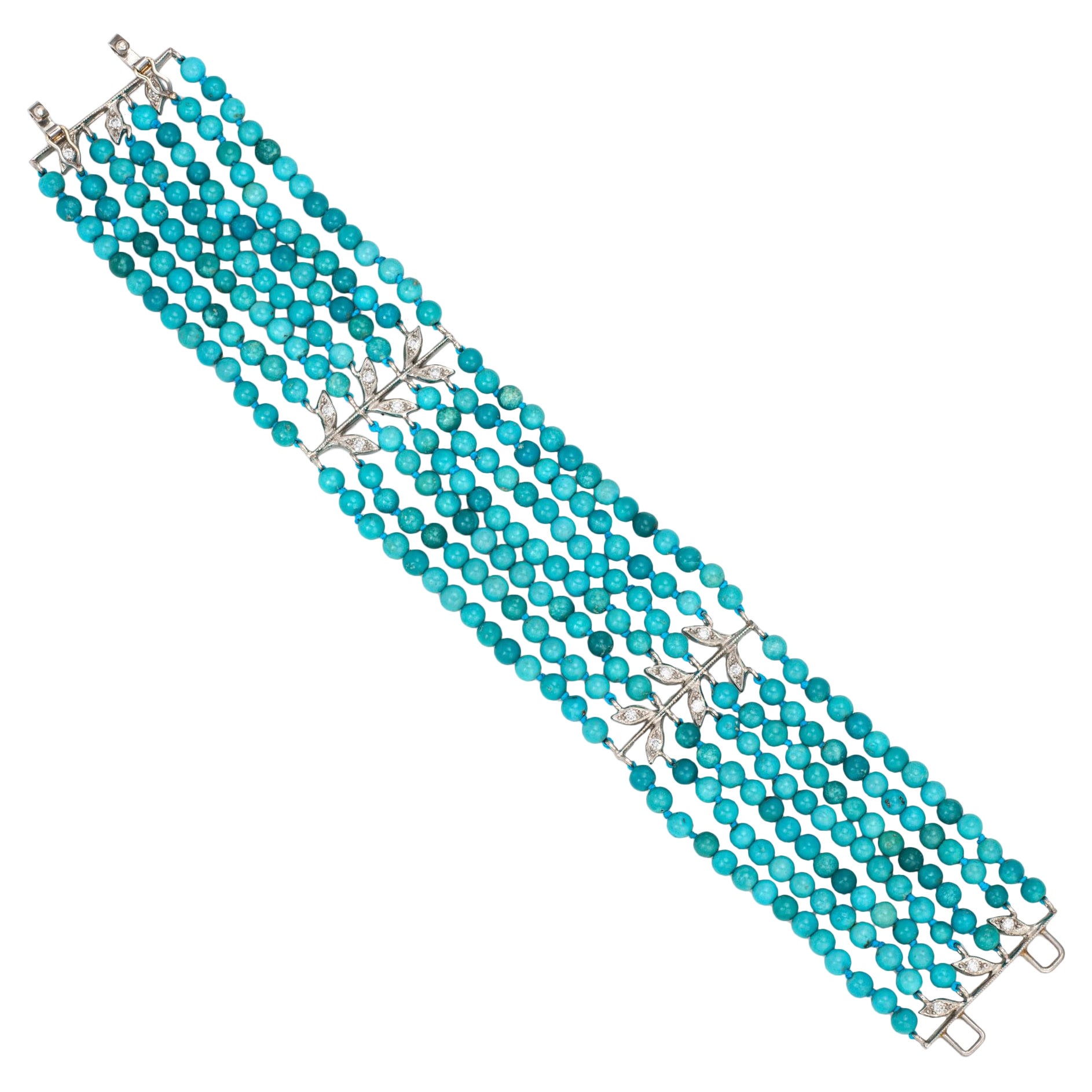 Cathy Waterman Bracelet Turquoise Diamant 7 Strand Platinum Estate 6.25" en vente