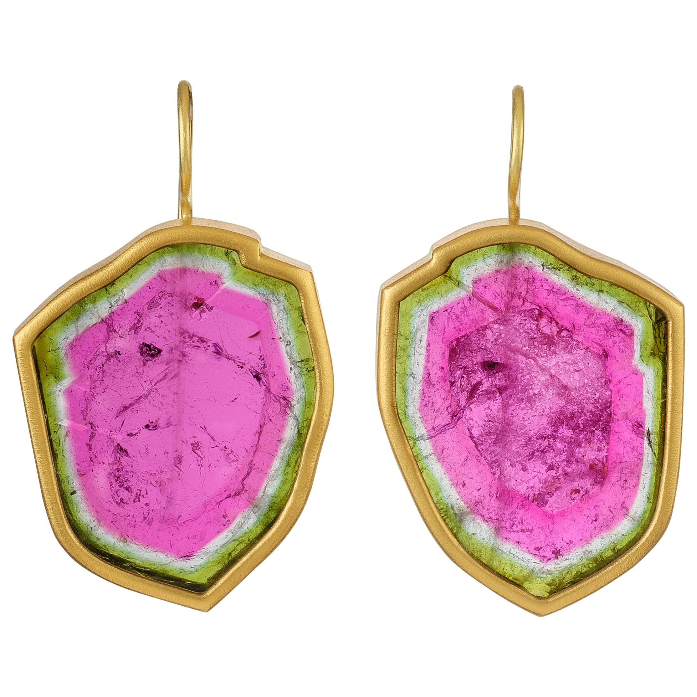 Handcrafted Watermelon Tourmaline Gold Earrings For Sale