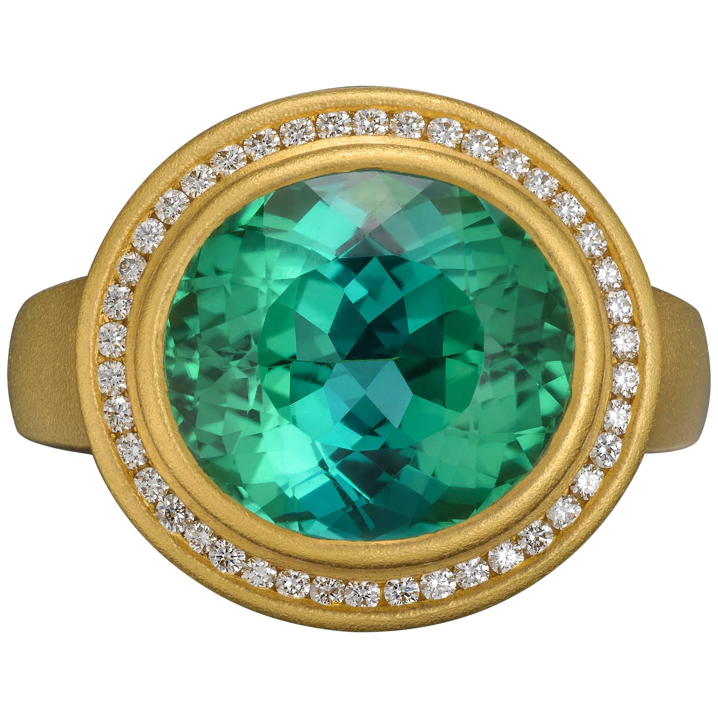 6.65 Carat Blue Green Mozambique Tourmaline Diamonds Gold Ring