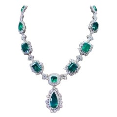 Vintage AIG Certified 59.97 Carats Zambian Emeralds 24.98 Ct  Diamonds 18K Gold Necklace