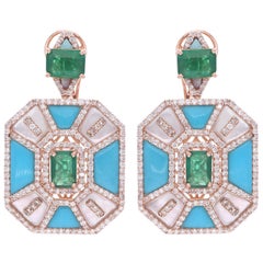 Boucles d'oreilles Emeraude Turquoise Nacre Diamant Or Rose 18 carats