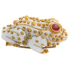 1960s David Webb Enamel and Ruby 18 Karat Gold Frog Pin/Brooch